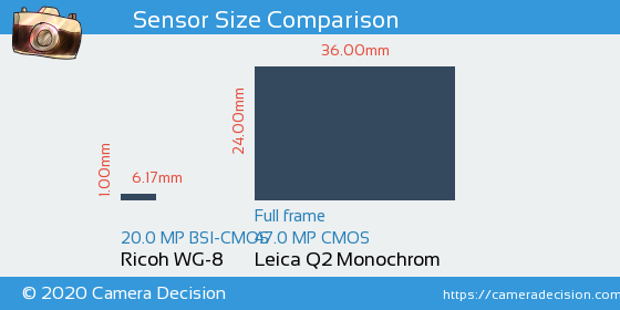 Ricoh WG-8 vs Leica Q2 Monochrom Sensor Size Comparison