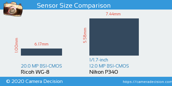 Ricoh WG-8 vs Nikon P340 Sensor Size Comparison