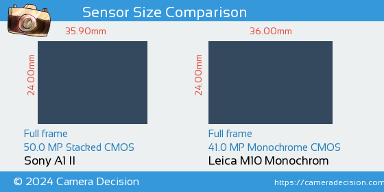 Sony A1 II vs Leica M10 Monochrom Sensor Size Comparison