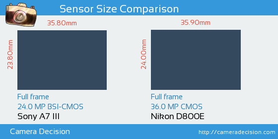 Sony A7 III vs Nikon D800E Sensor Size Comparison
