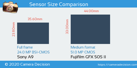 Sony A9 vs Fujifilm GFX 50S II Sensor Size Comparison