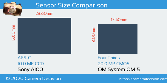 Sony A100 vs OM System OM-5 Sensor Size Comparison