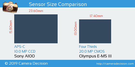 Sony A100 vs Olympus E-M5 III Sensor Size Comparison