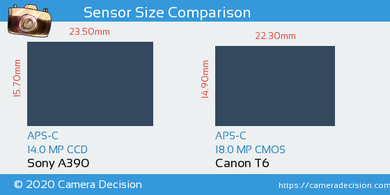 Sony A390 vs Canon T6 Sensor Size Comparison