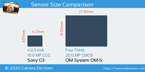 Sony G3 vs OM System OM-5 Sensor Size Comparison