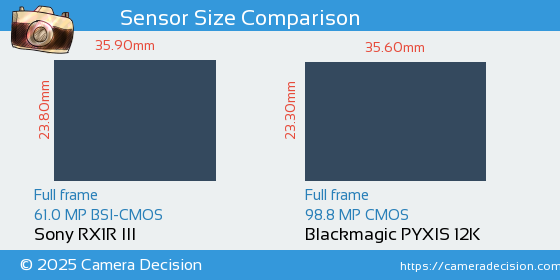 Sony RX1R III vs Blackmagic PYXIS 12K Sensor Size Comparison