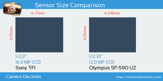 Sony TF1 vs Olympus SP-590 UZ Sensor Size Comparison