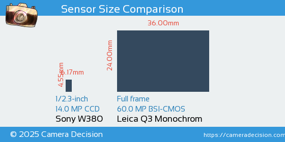 Sony W380 vs Leica Q3 Monochrom Sensor Size Comparison