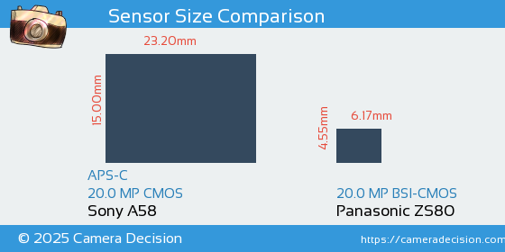 Sony A58 vs Panasonic ZS80 Sensor Size Comparison