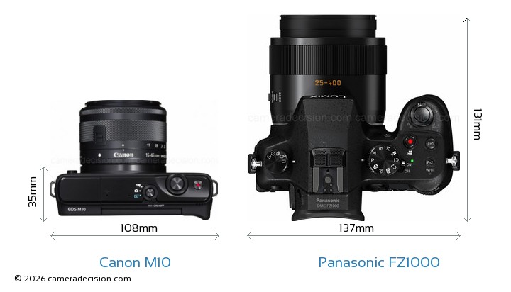 Canon M10 vs Panasonic FZ1000 Camera Size Comparison - Top View